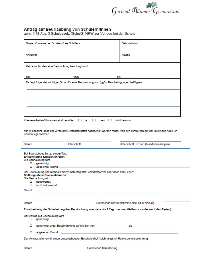 Antrag auf Beurlaubung von Schülern